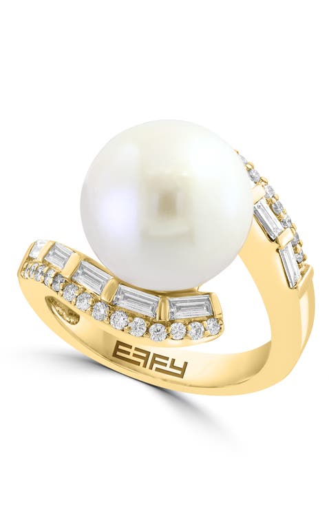 14K Yellow Gold Diamond & Freshwater Pearl Bypass Ring