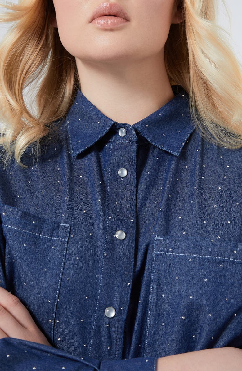 Marina Rinaldi Jene Rhinestone Detail Denim Shirt Jacket, Alternate, color, Navy