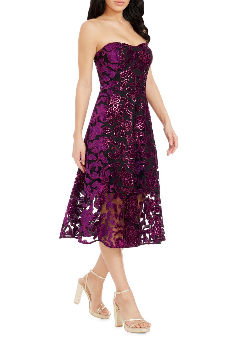 Dress the Population Sadie Floral Sequin Strapless A-Line Dress, Alternate, color, Midnight Plum-Black