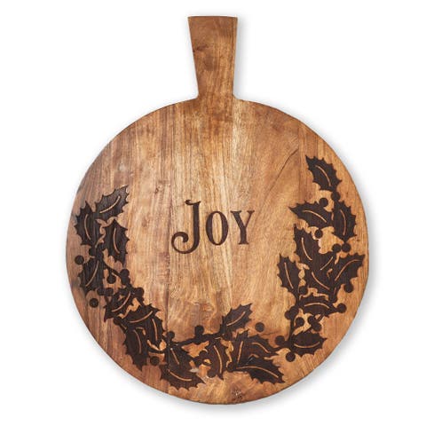 Joy Round Wooden Serving Tray Natural Wood for Christmas
