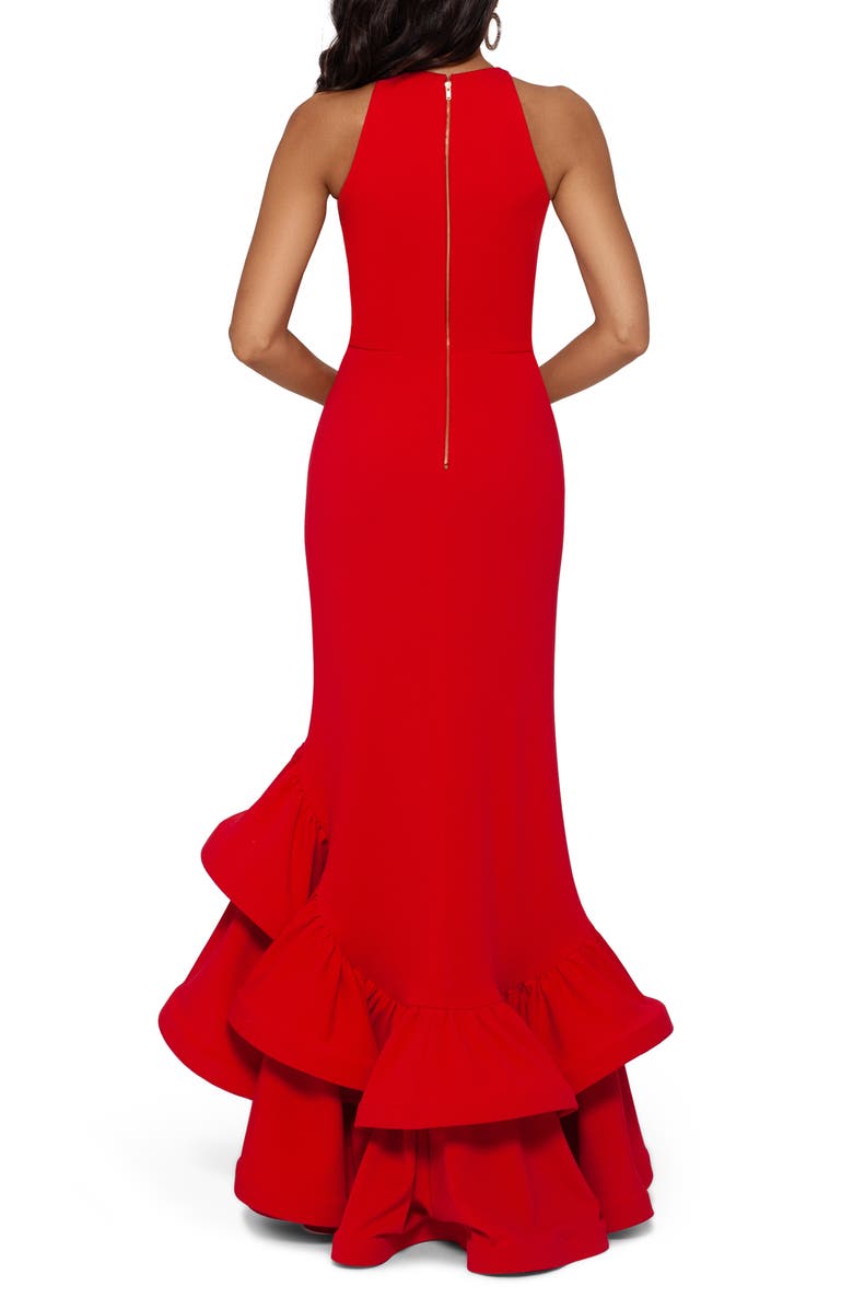 Betsy 
Adam Ruffle Halter Crepe Gown, Alternate, color, Red