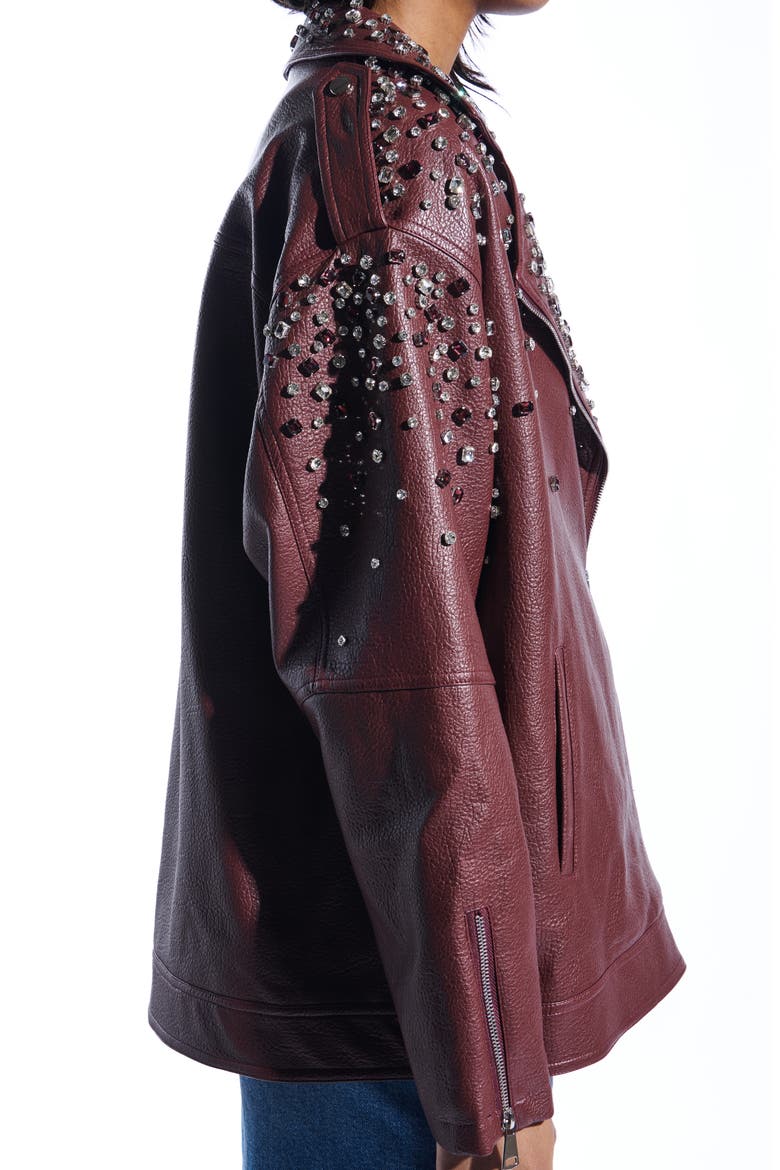 Crystal Studded Oversize Faux Leather Moto Jacket, Alternate, color, BURGUNDY