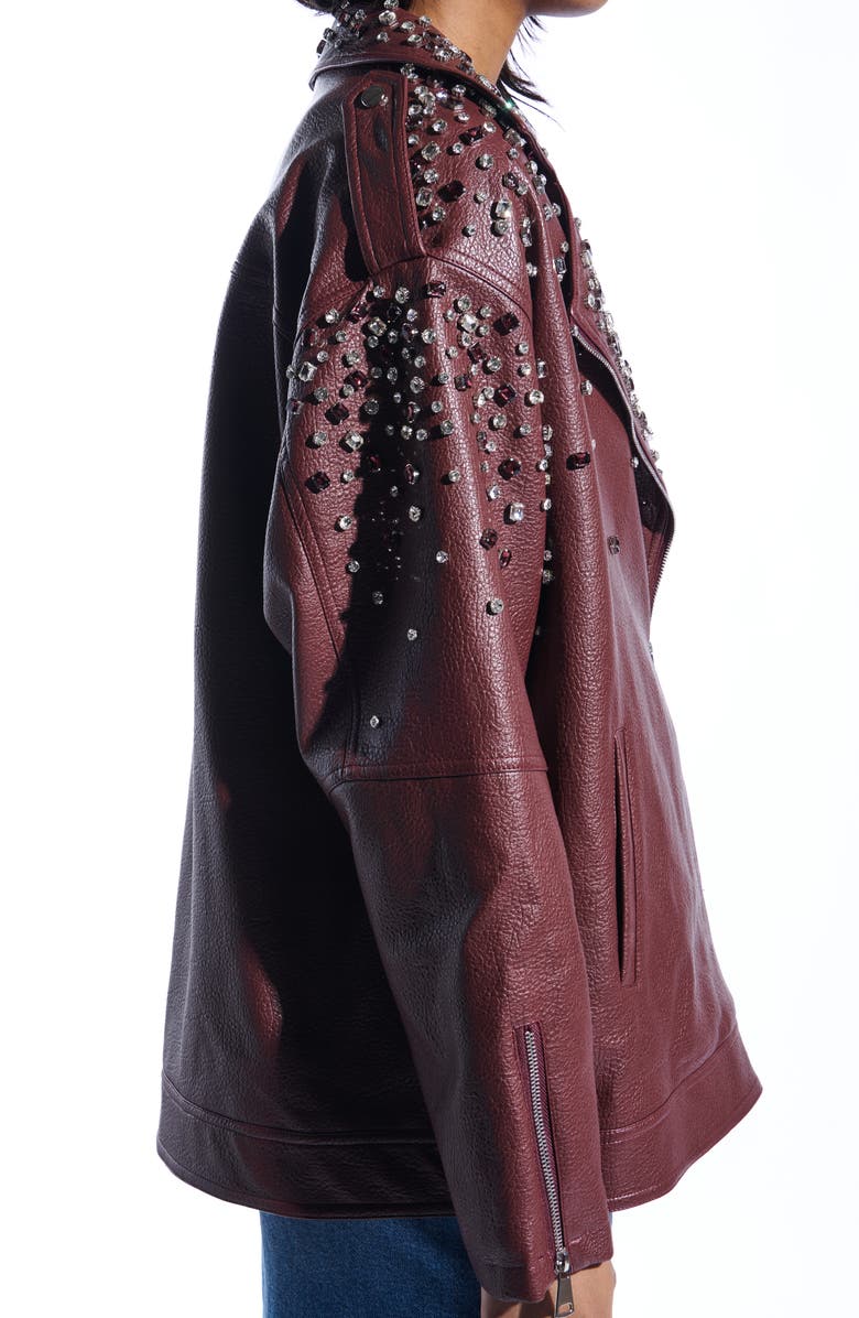 AZALEA WANG Crystal Studded Oversize Faux Leather Moto Jacket, Alternate, color, Burgundy
