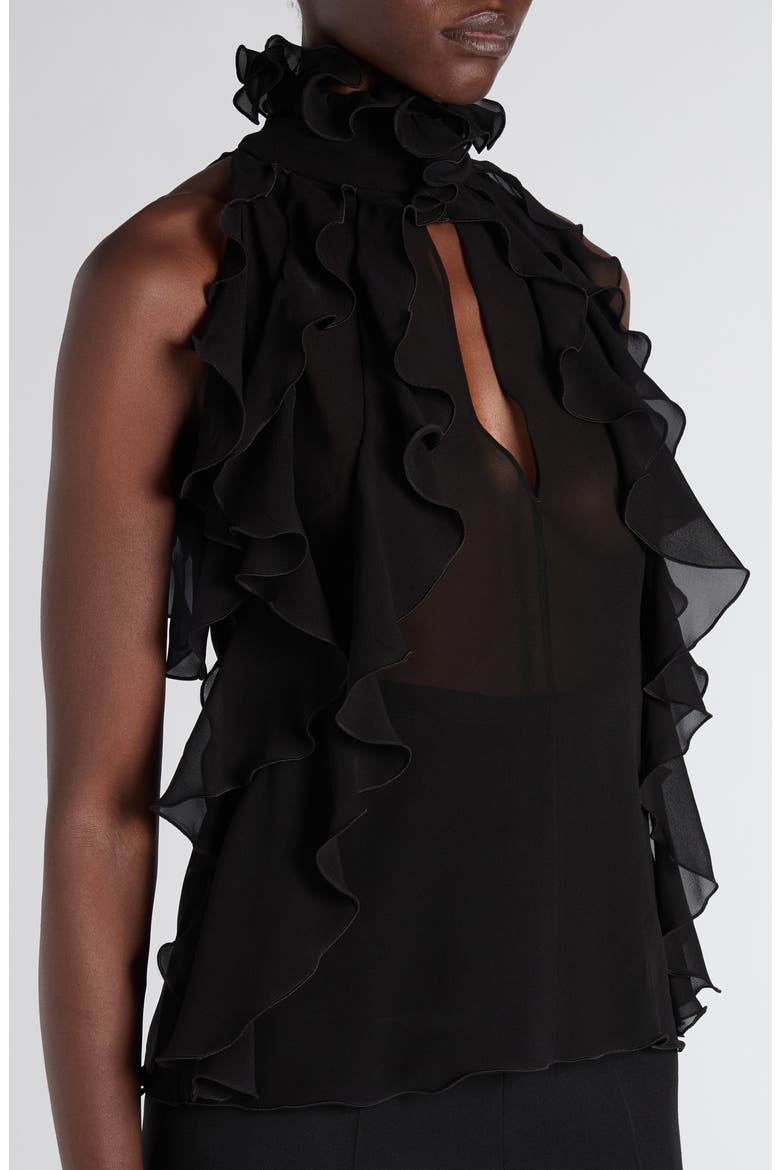 High Neck Ruffle Silk Georgette Top, Alternate, color, BLACK