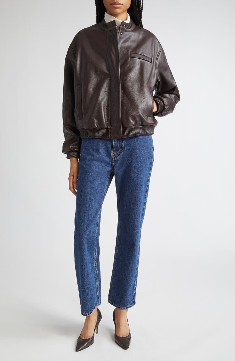 LOULOU DE SAISON Marlow Leather Bomber Jacket, Alternate, color, Coffee