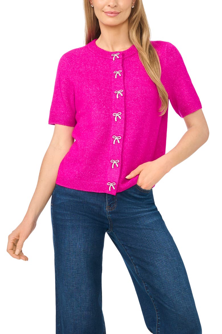 Bow Detail Short Sleeve Cardigan, Main, color, MAGENTA