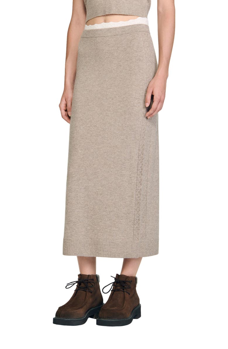 SANDRO Long two-tone knit skirt, Main, color, Caramel