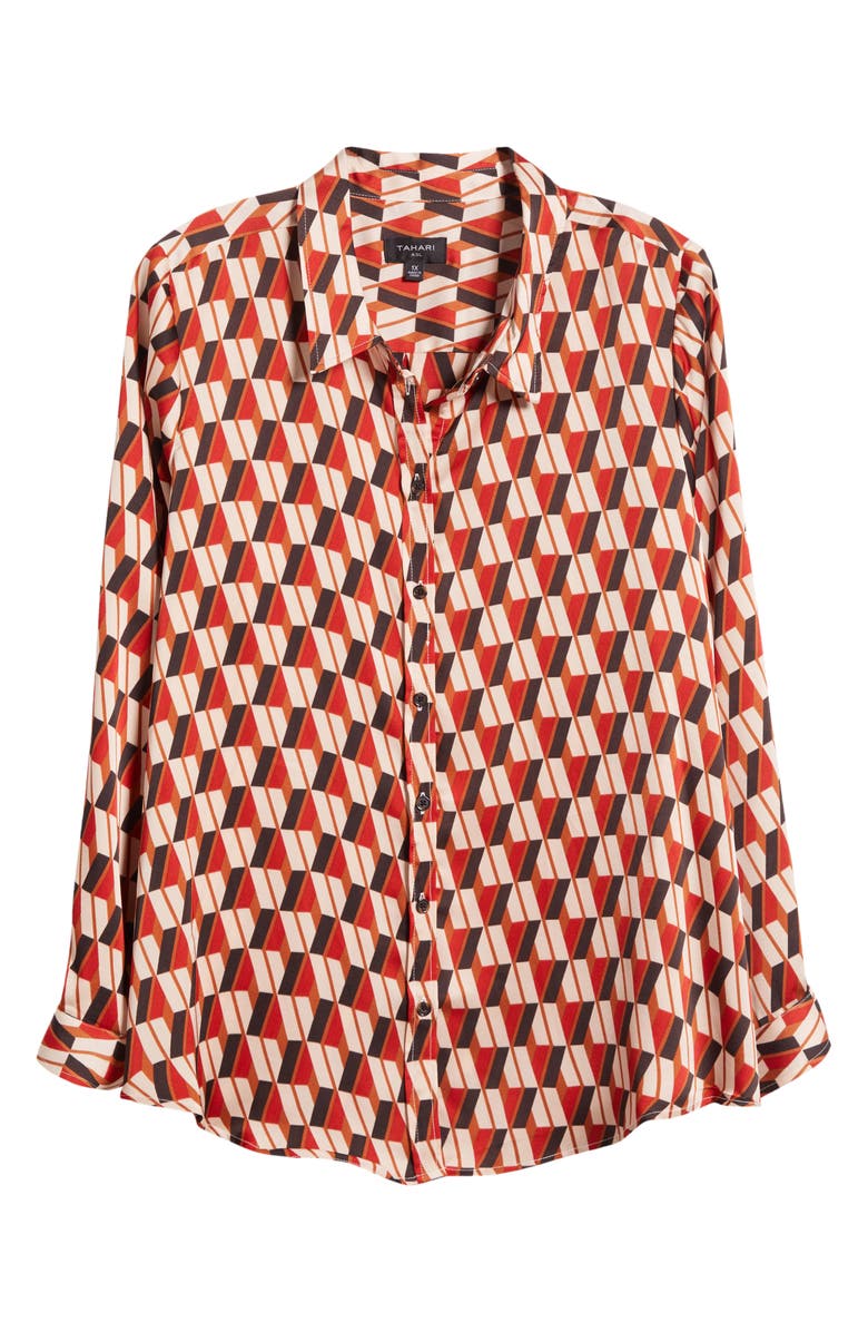 Tahari ASL Geo Print Satin Button-Up Shirt, Alternate, color,