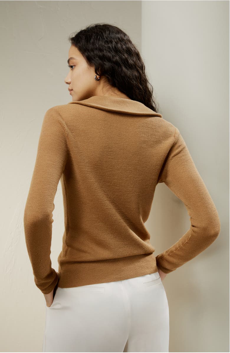 Lilysilk Gaia Ribbed Half Zip Ultra-fine Merino Wool Sweater, Alternate, color, Camel