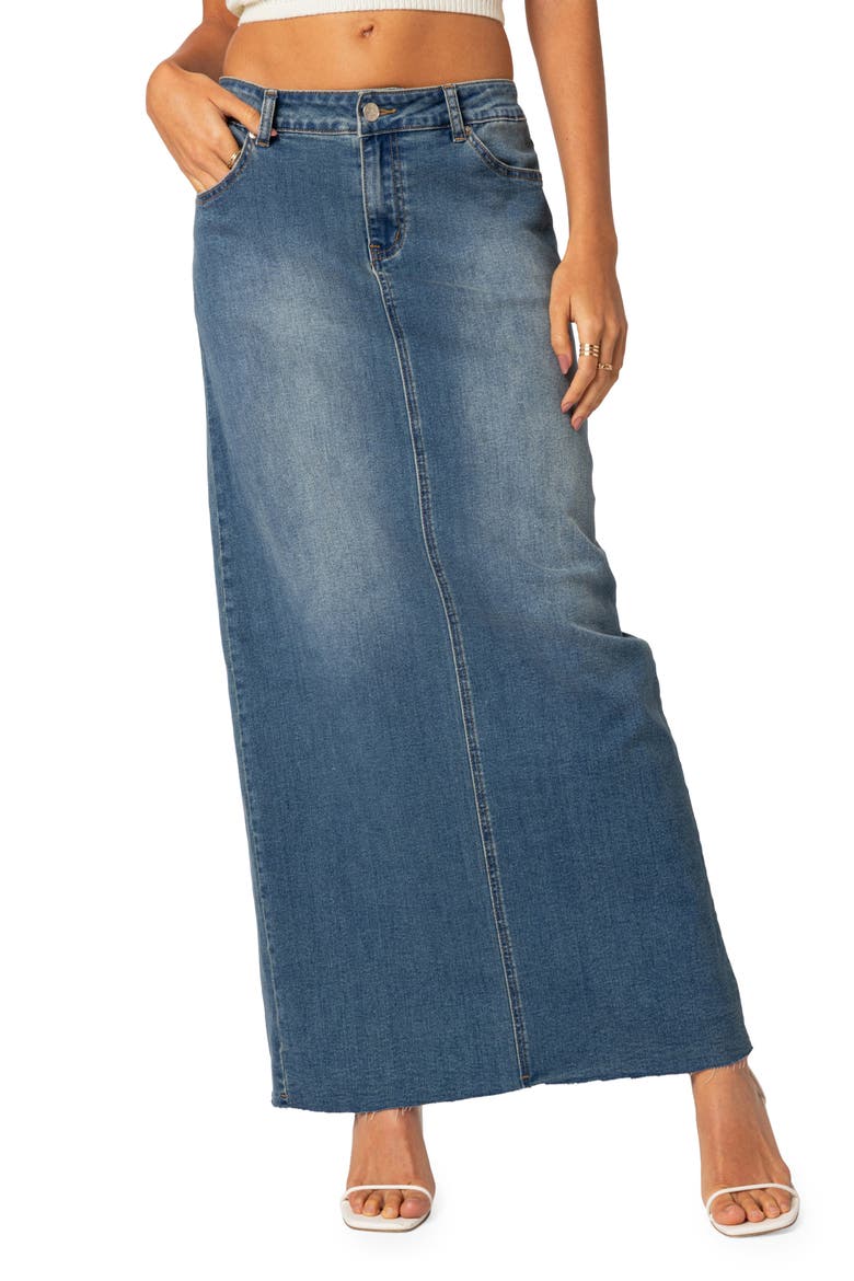 Elowyn Denim Maxi Skirt with Back Slit Detail, Main, color, BLUE