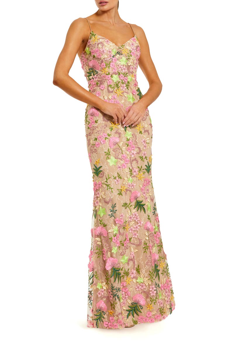 Floral Embroidered Sleeveless Column Gown, Main, color, Nude Multi