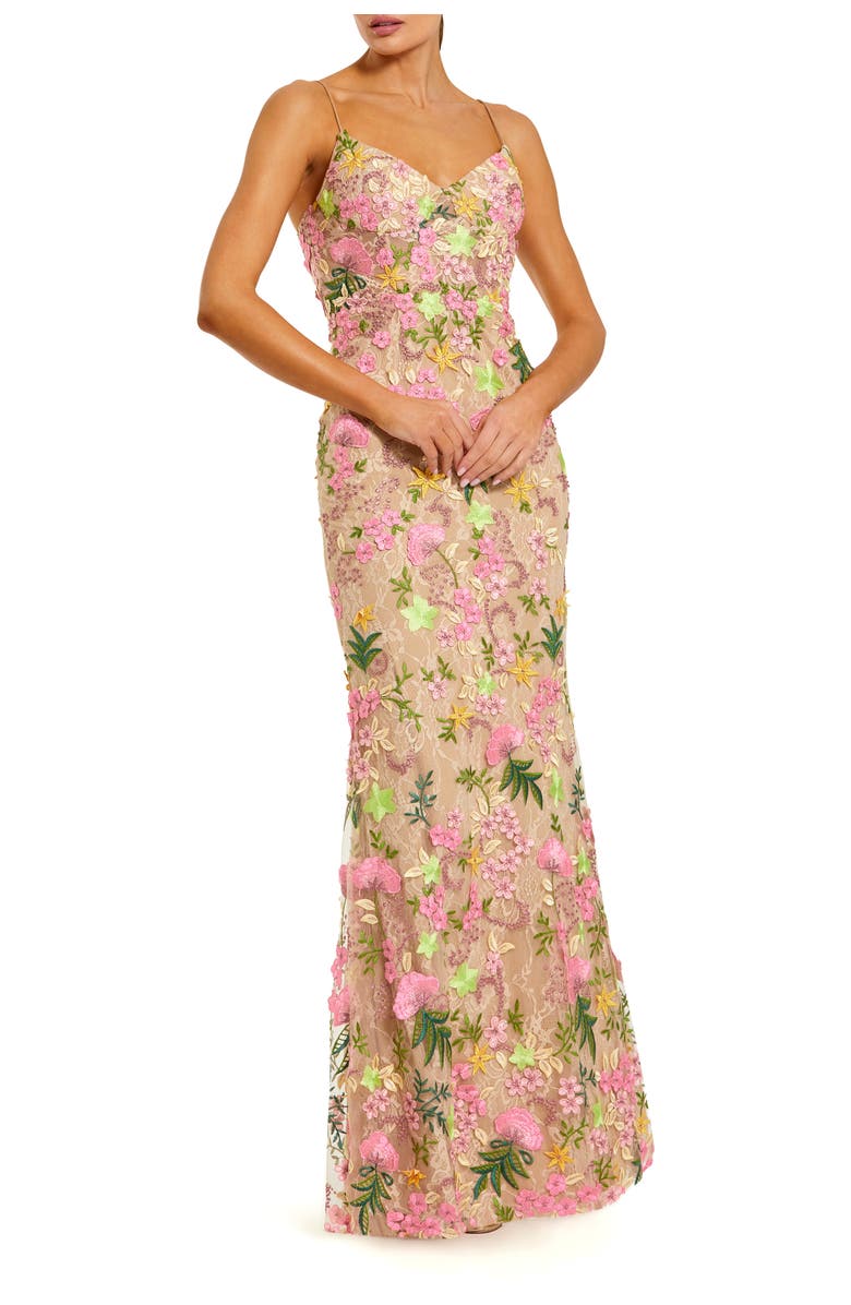 Mac Duggal Floral Embroidered Sleeveless Column Gown, Main, color, Nude Multi