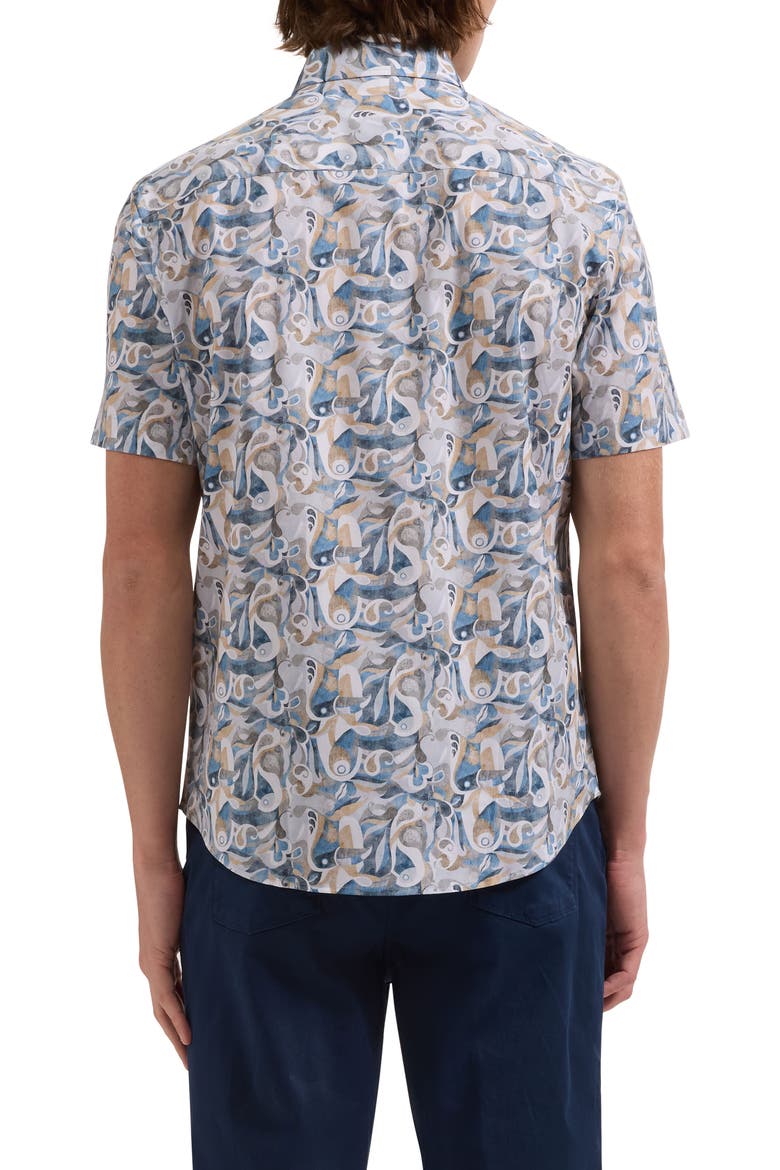 Orson Shaped Fit Abstract Paisley Short Sleeve Stretch Cotton Button-Up Shirt, Alternate, color, COBALT