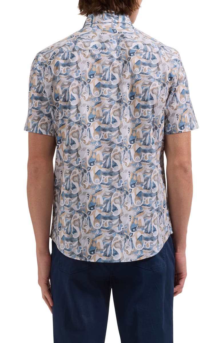 Bugatchi Orson Shaped Fit Abstract Paisley Short Sleeve Stretch Cotton Button-Up Shirt, Alternate, color, Cobalt