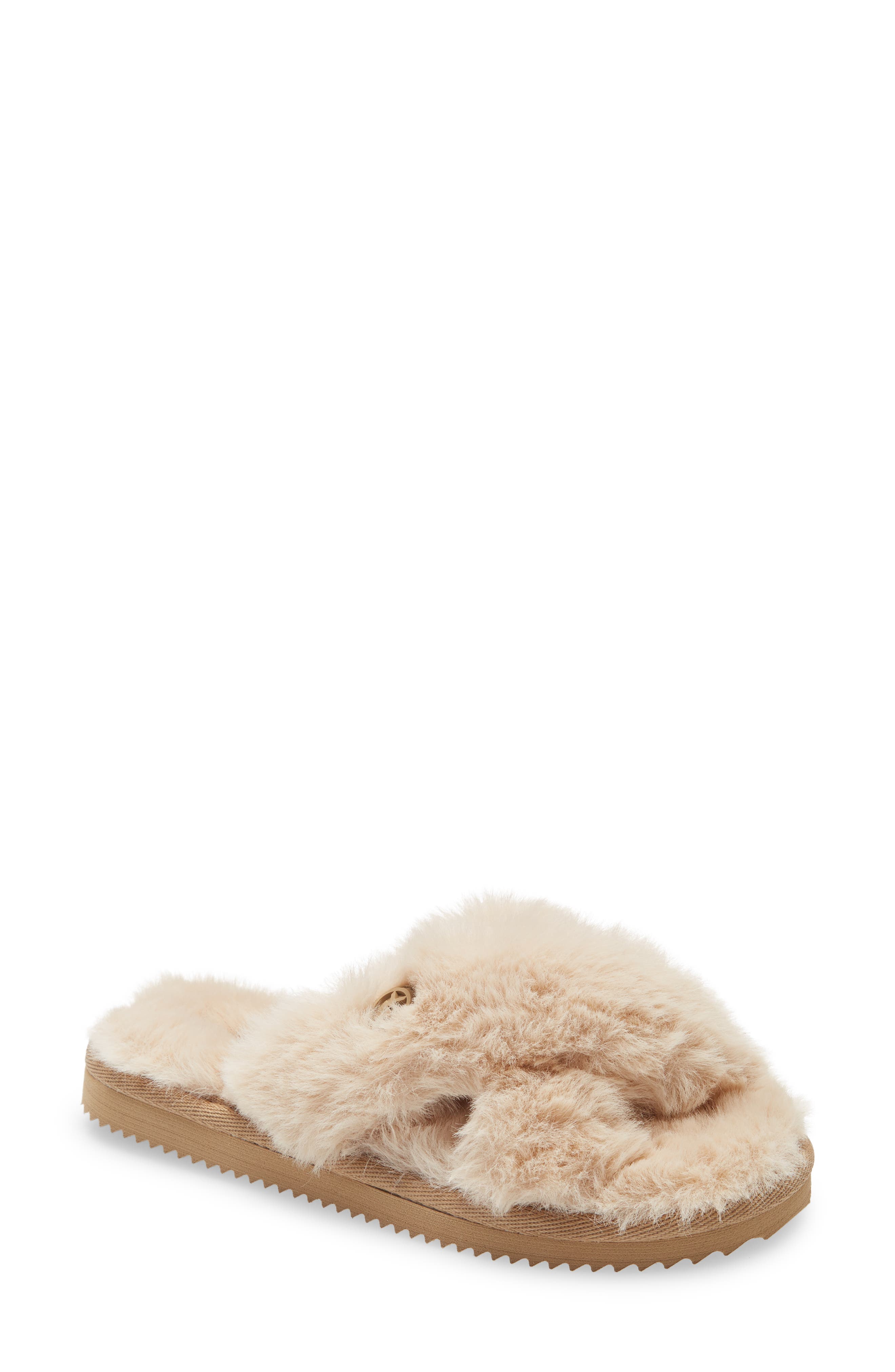 Lala Faux Fur Slide Slipper, Main, color, CAMEL FAUX FUR