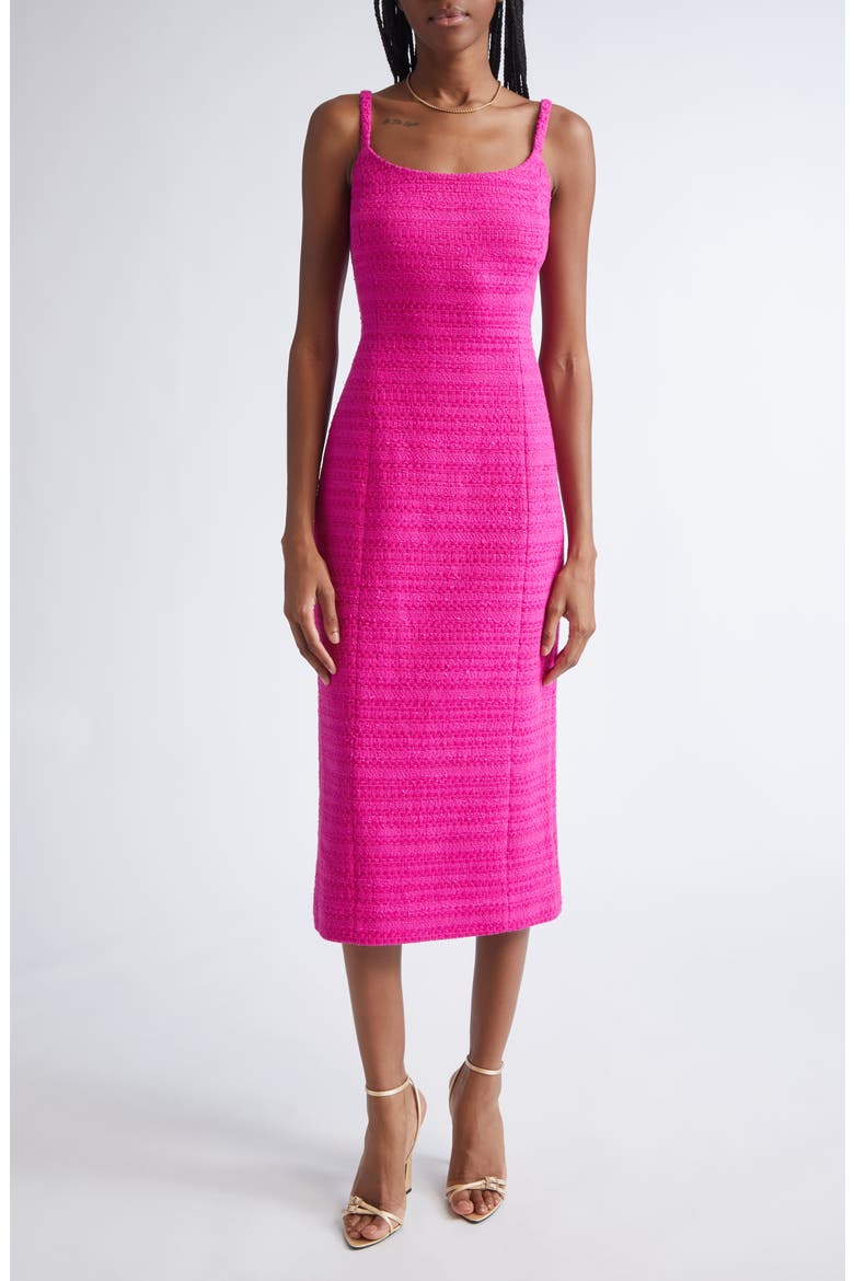 Cotton Blend Tweed Sheath Midi Dress, Main, color, HOT PINK