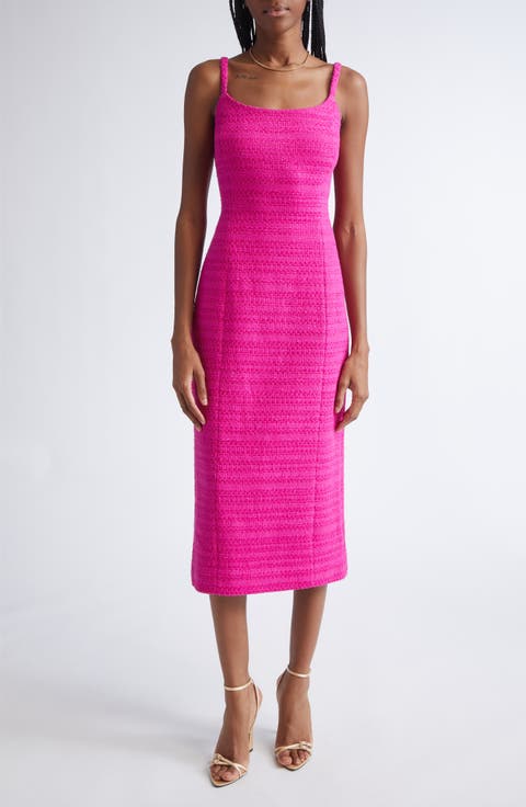 Cotton Blend Tweed Sheath Midi Dress