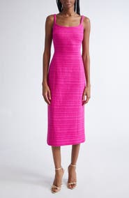 ST. JOHN Cotton Blend Tweed Sheath Midi Dress