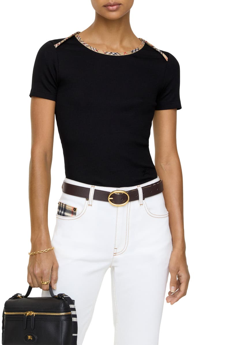 Burberry Stephanie Slim Fit Check Trim Stretch Cotton Rib T-Shirt, Alternate, color, Black