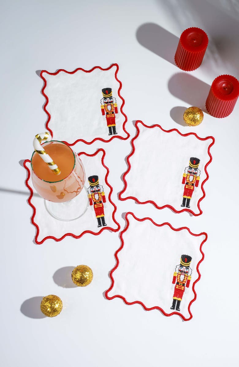 Tiramisu Set of 4 Embroidered Nutcracker Parade Linen Cocktail Napkins, Alternate, color, Red/ White