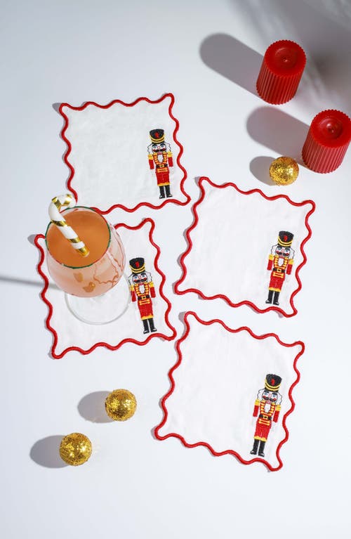Tiramisu Set Of 4 Embroidered Nutcracker Parade Linen Cocktail Napkins In Red