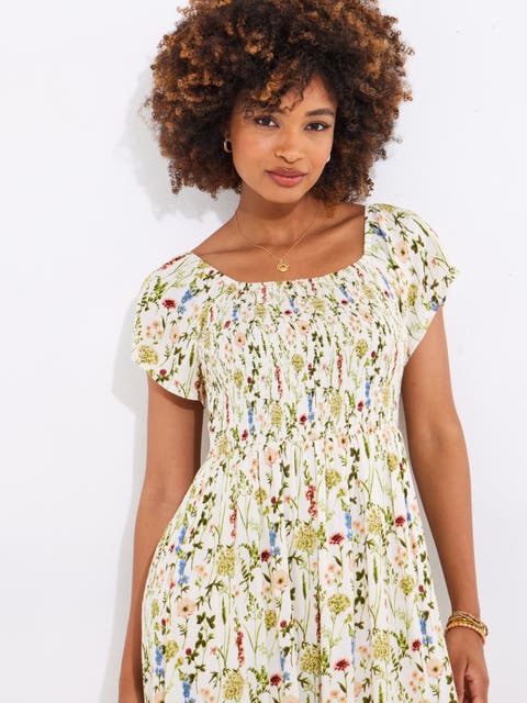 Square Neck Smocked Crinkle Maxi Dress (Plus)