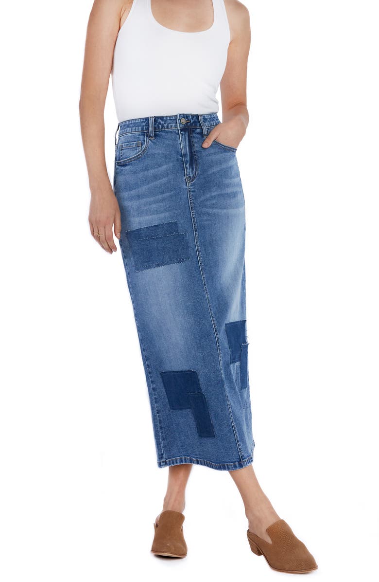 Wash Lab Denim Retro Patchwork Denim Midi Skirt, Alternate, color, Patch Blue