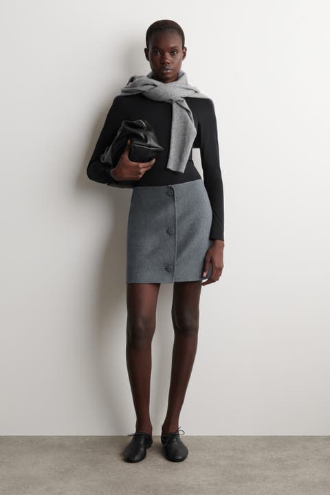 Buttoned Double-Faced Wool Mini Skirt