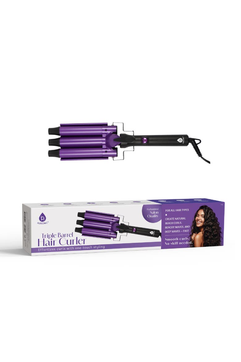 Triple Barrel Hair Curler - Effortless Beach Waves & Curls, Main, color, Purple