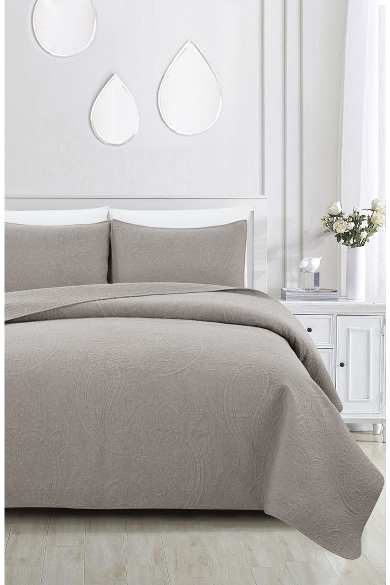 Pretty Paisley Embroidered 2-Piece Quilt Set, Alternate, color, GREY