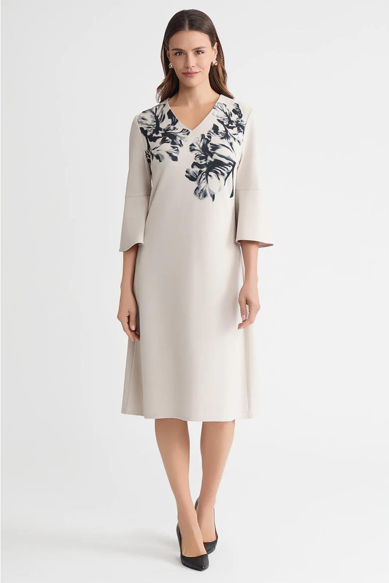 A-Line Floral Printed Stretch Deco Crepe Dress, Alternate, color, Limestone/Black