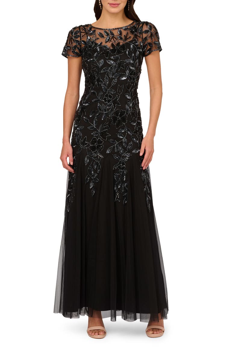 Floral Embroidered Beaded Trumpet Gown, Main, color, BLACK/ GUNMETAL