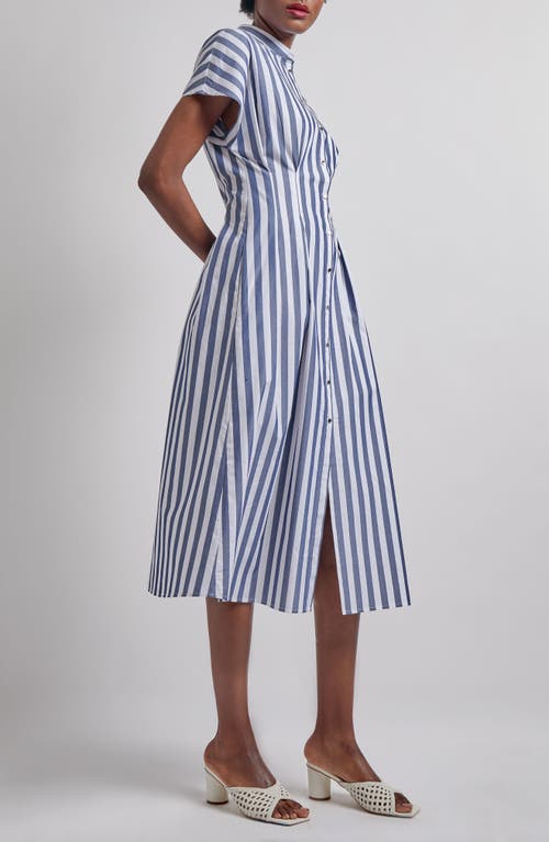 Misook Stand Collar Button Front Midi Dress In Dark Navy/white