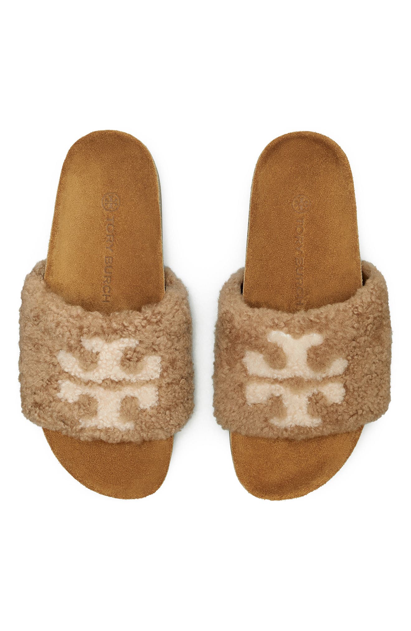 Tory Burch Double T Genuine Shearling Platform Slide Sandal, Alternate, color, 