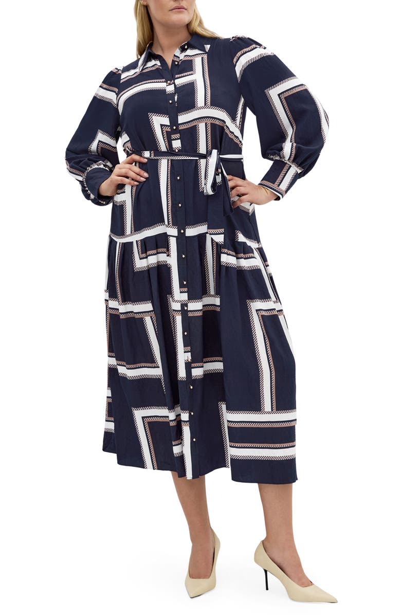 City Chic Kinsley Tie Waist Long Sleeve Shirtdress, Main, color, 