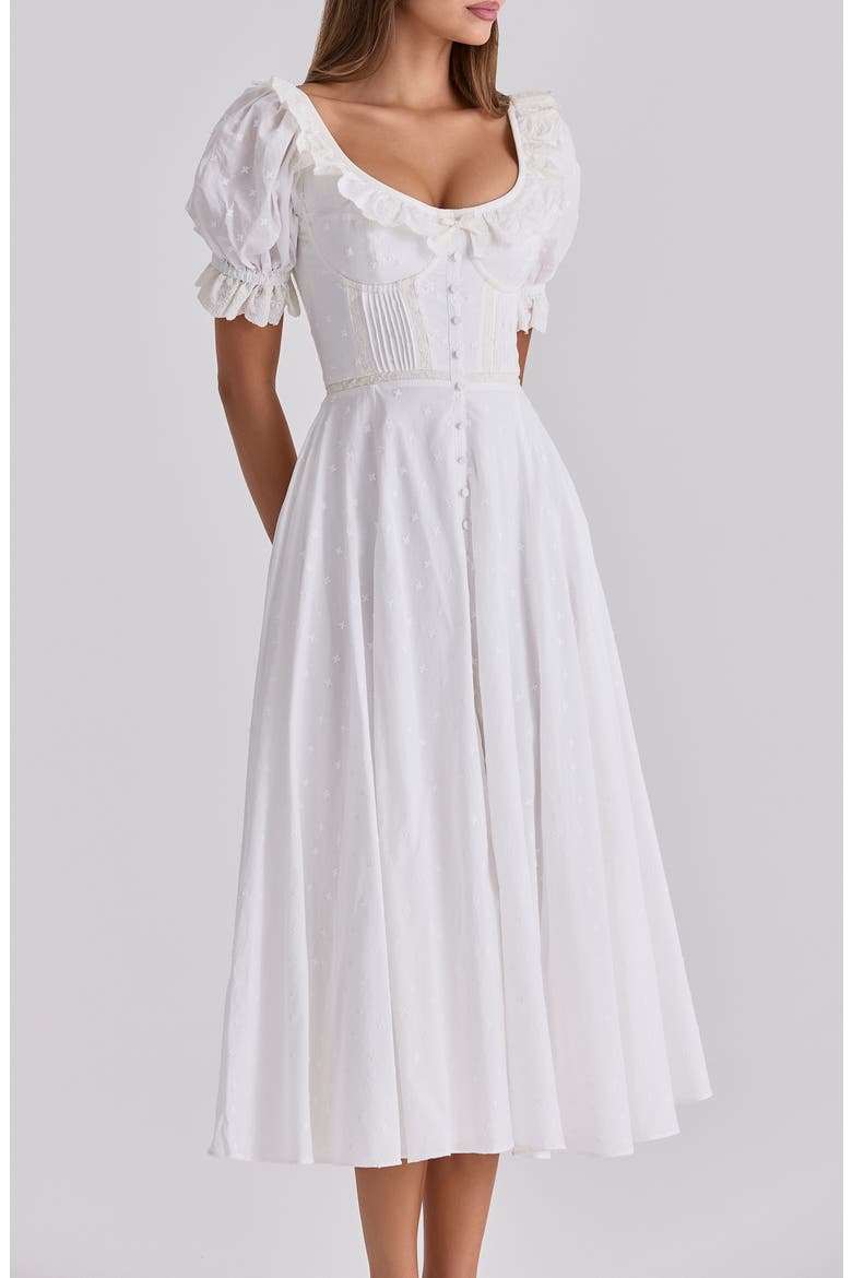 Bella Puff Sleeve Broderie Anglaise Cotton Midi Dress, Alternate, color, WHITE
