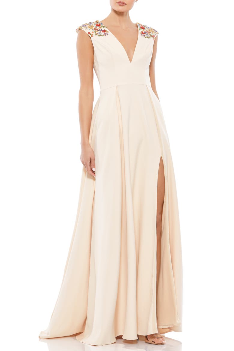 Plunge Neck Empire Waist Beaded Shoulder Gown, Main, color, VANILLA