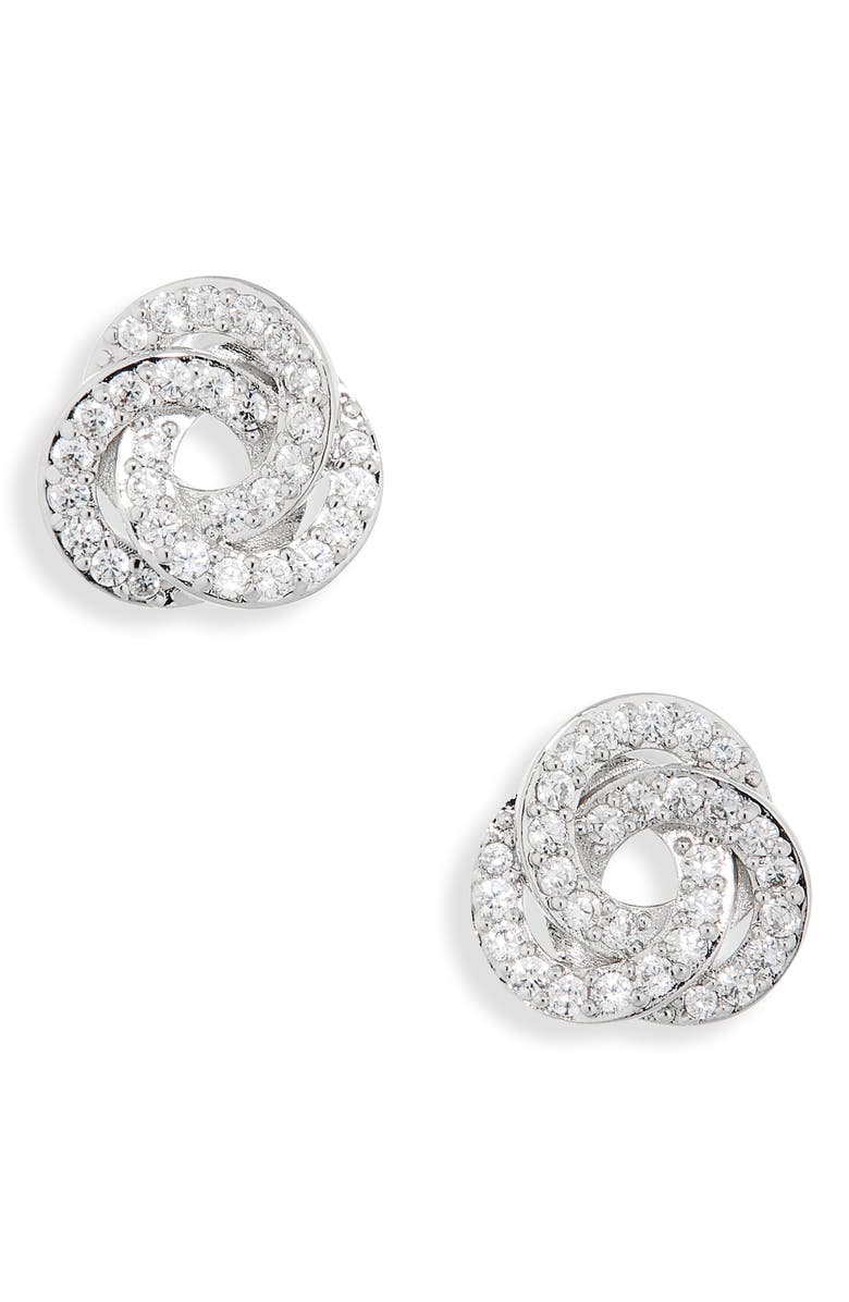 Nadri Jordan Love Knot Stud Earrings, Main, color, Rhodium