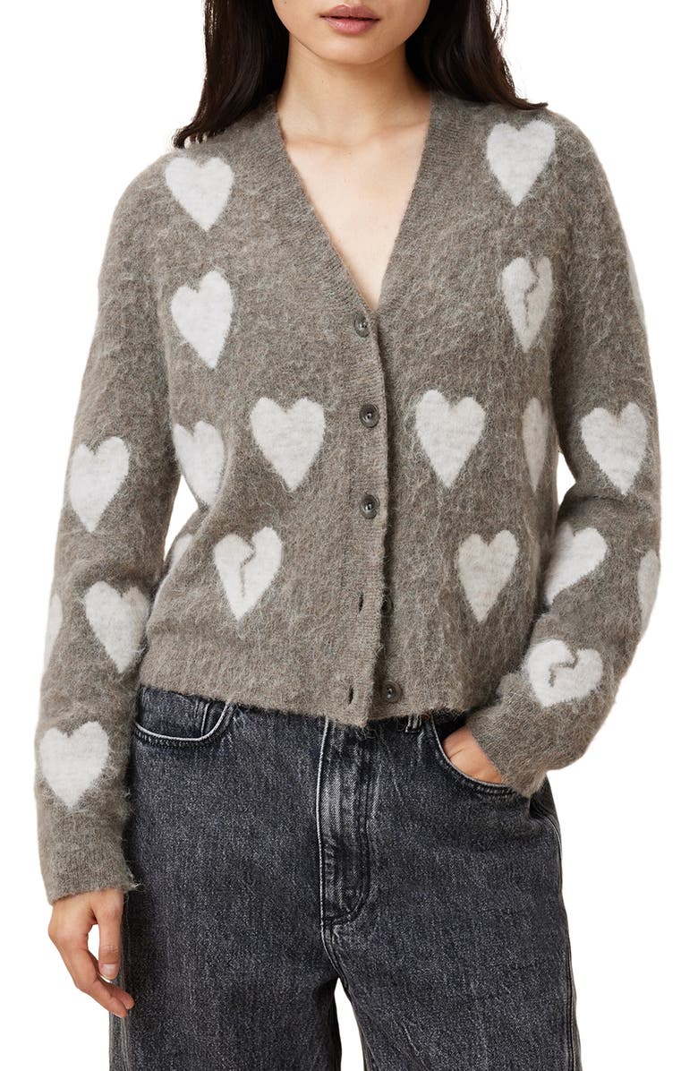 AllSaints Amora Heart Alpaca & Wool Blend Cardigan, Main, color, 