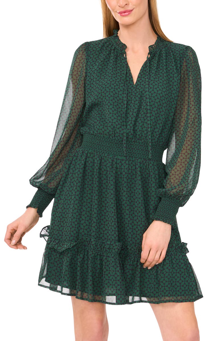 CeCe Geo Print Smocked Waist Long Sleeve Dress, Alternate, color,