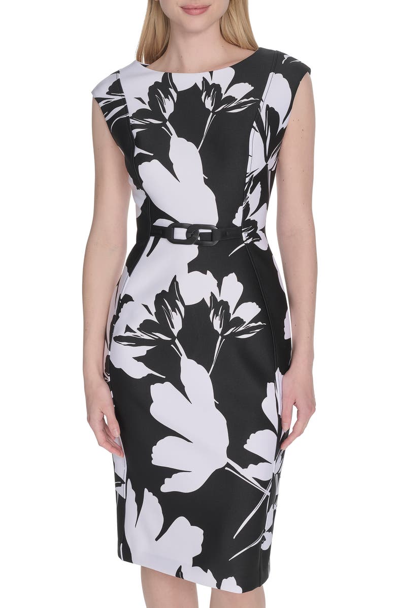 Calvin Klein Floral Print Chain Belt Sheath Dress, Alternate, color, Black/ White