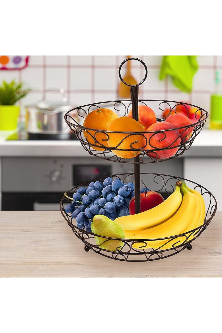 Bronze 2-Tier Countertop Fruit Basket Holder & Decorative Bowl Stand, Main, color, BRONZE