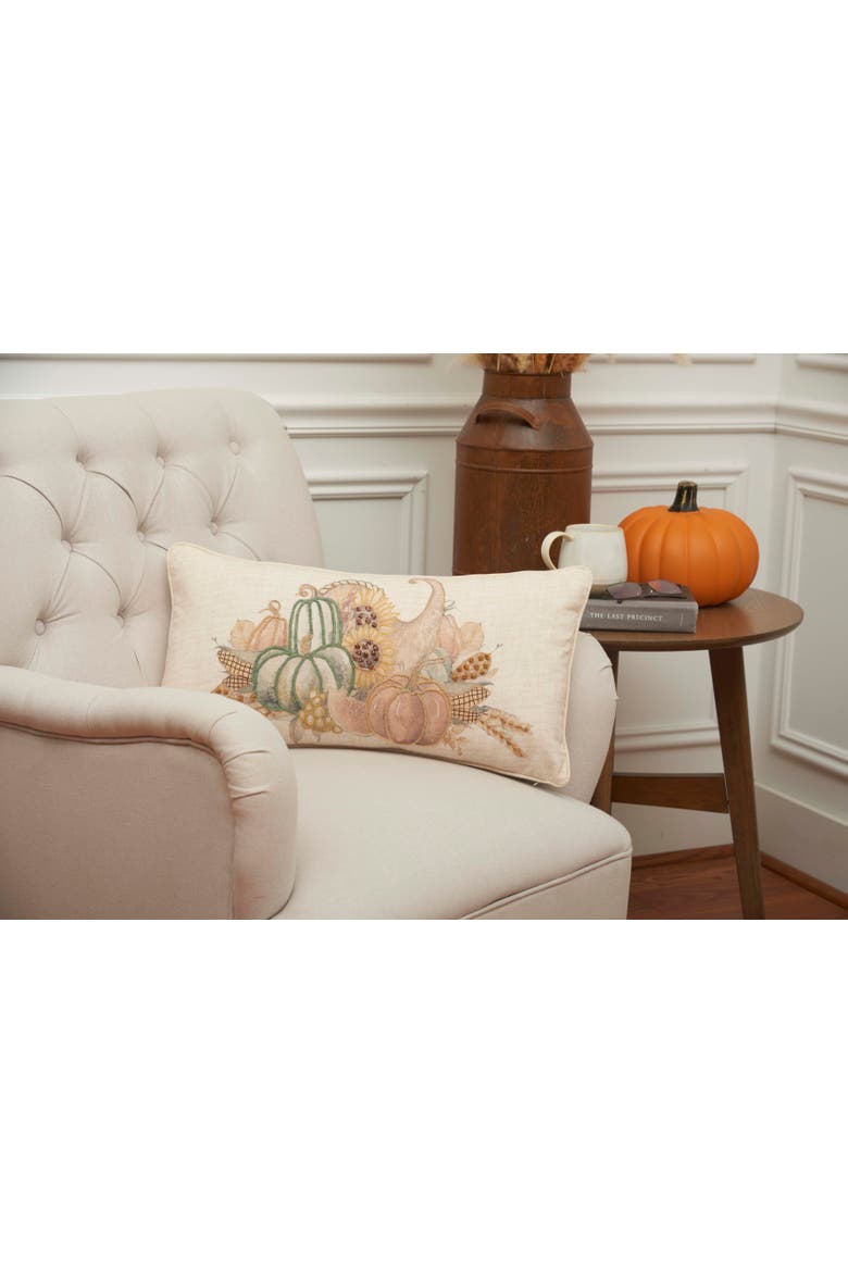 Autumn Fields Cornucopia Cotton Blend Mini Thanksgiving Accent Pillow 12" x 24", Alternate, color, Beige