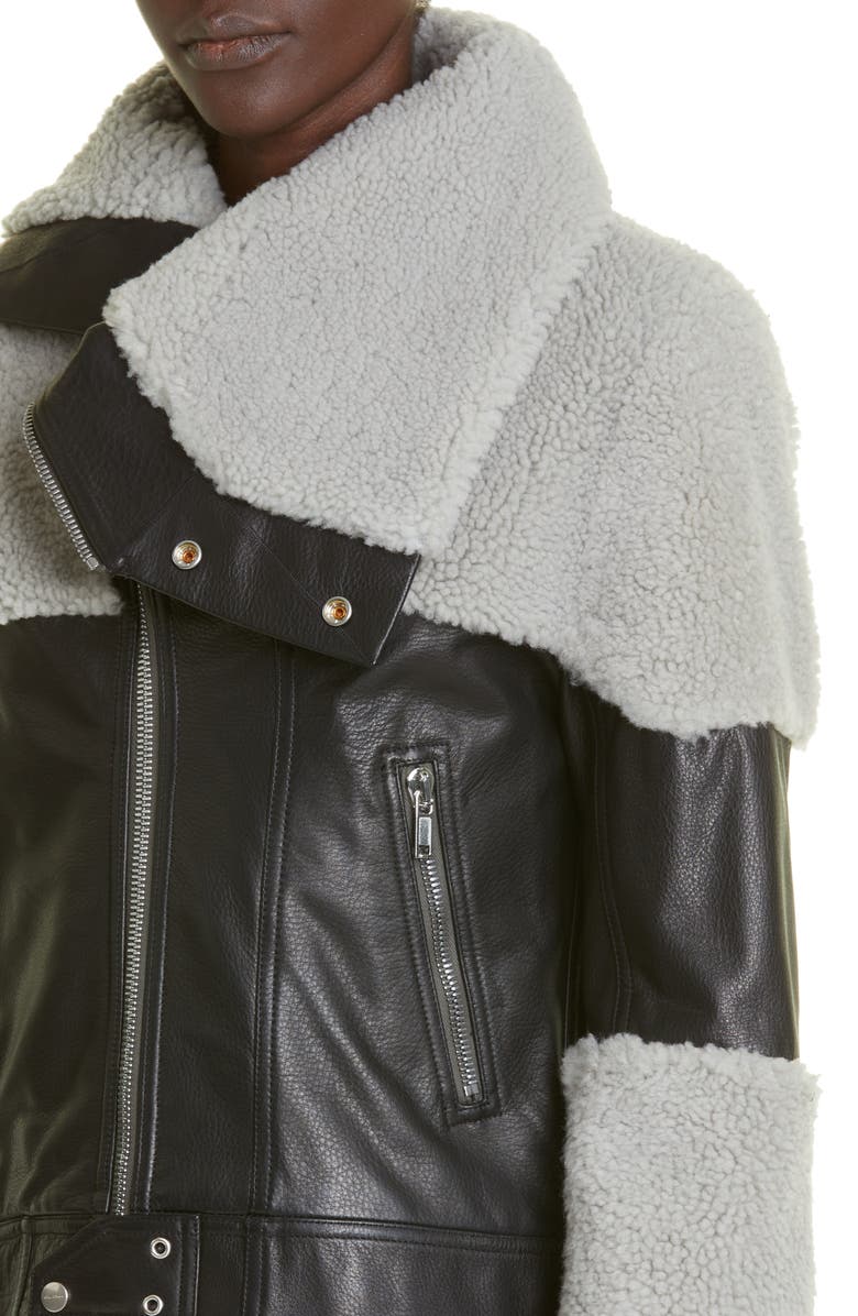 Rick Owens Asymmetric Leather & Genuine Shearling Jacket, Alternate, color,