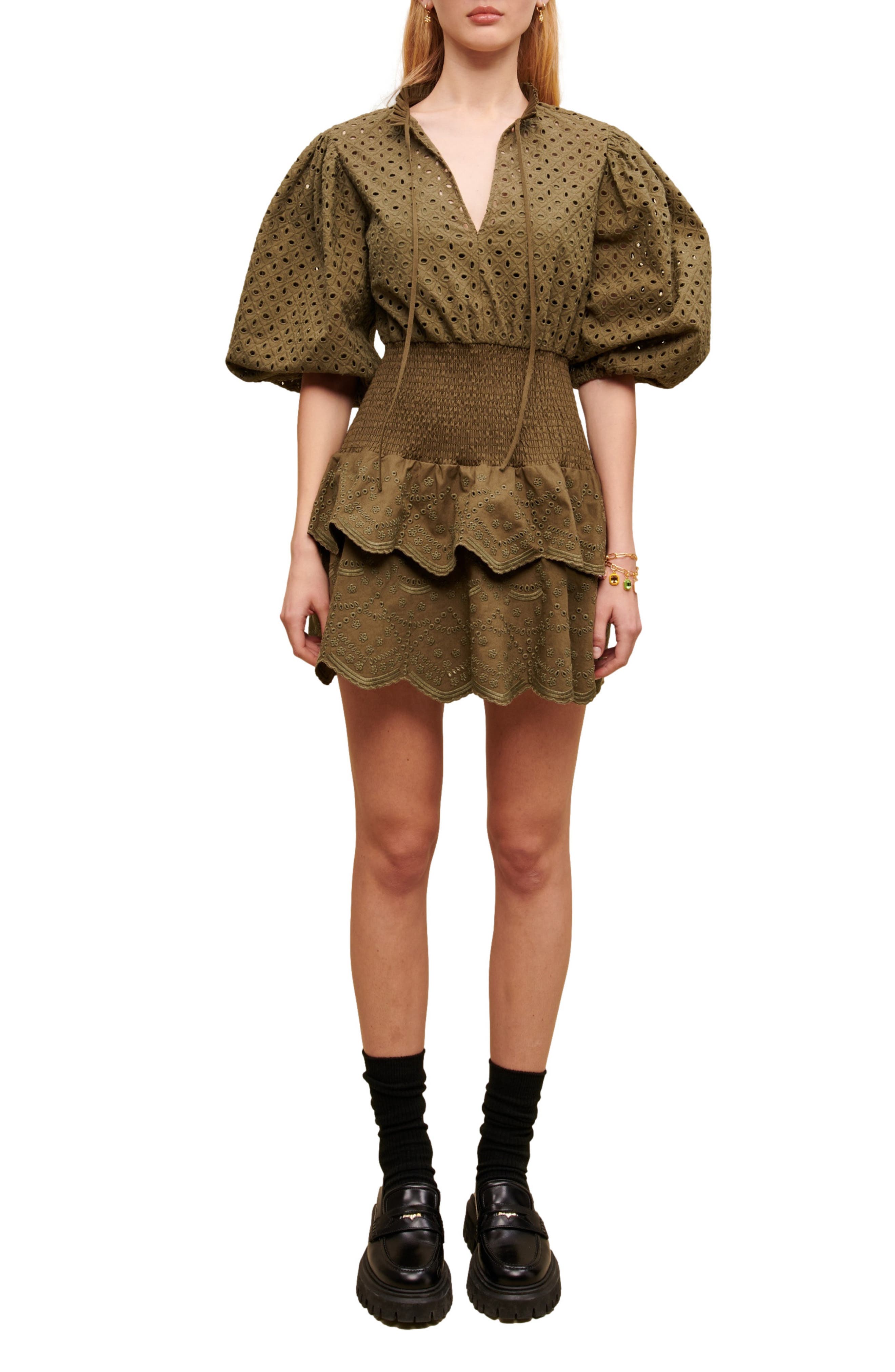 maje Rode Puff Sleeve Tiered Eyelet Minidress