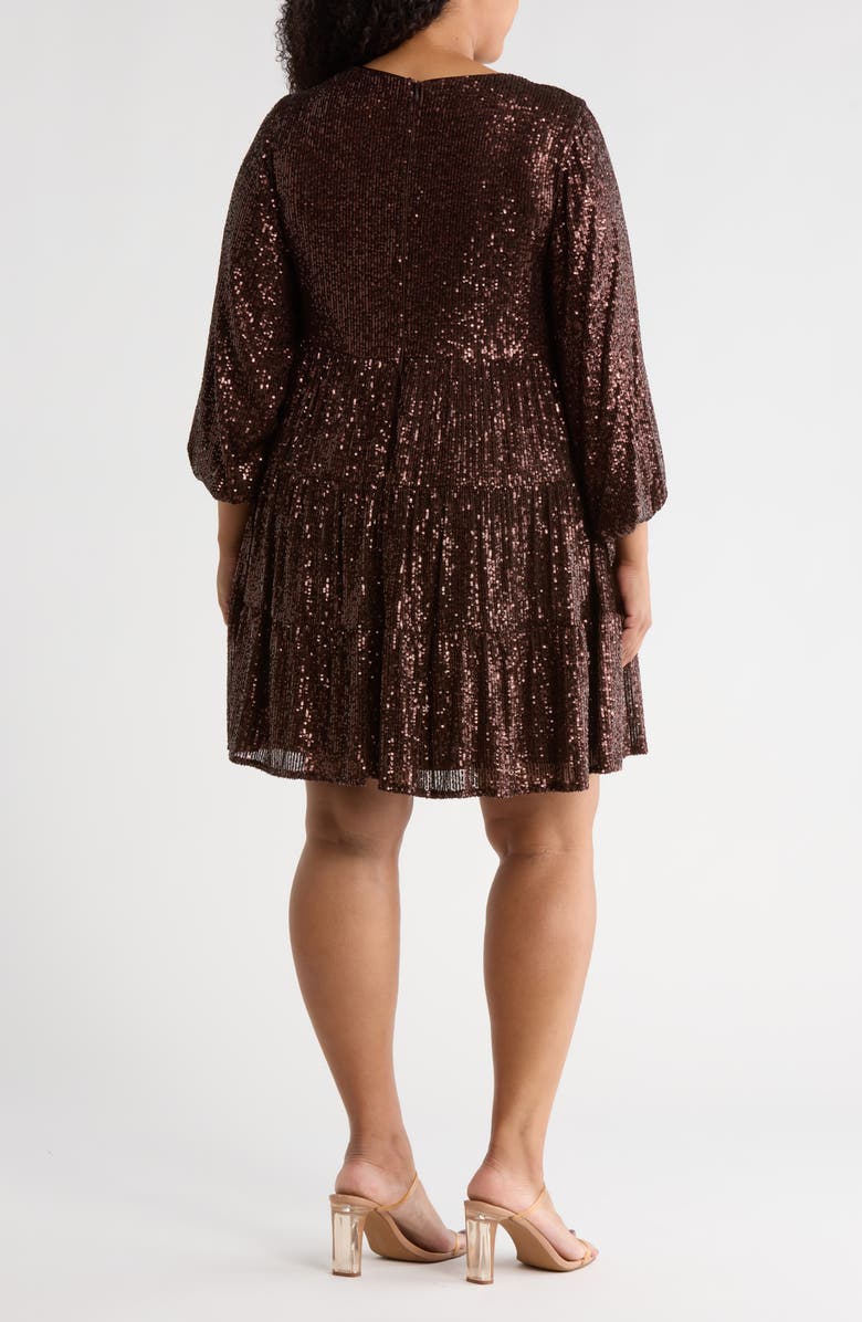 Eliza J Balloon Sleeve Tiered Sequin Trapeze Dress, Alternate, color, Chocolate