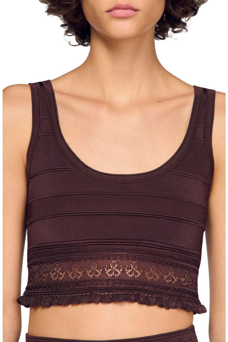 Pointelle knit crop top, Alternate, color, Brown