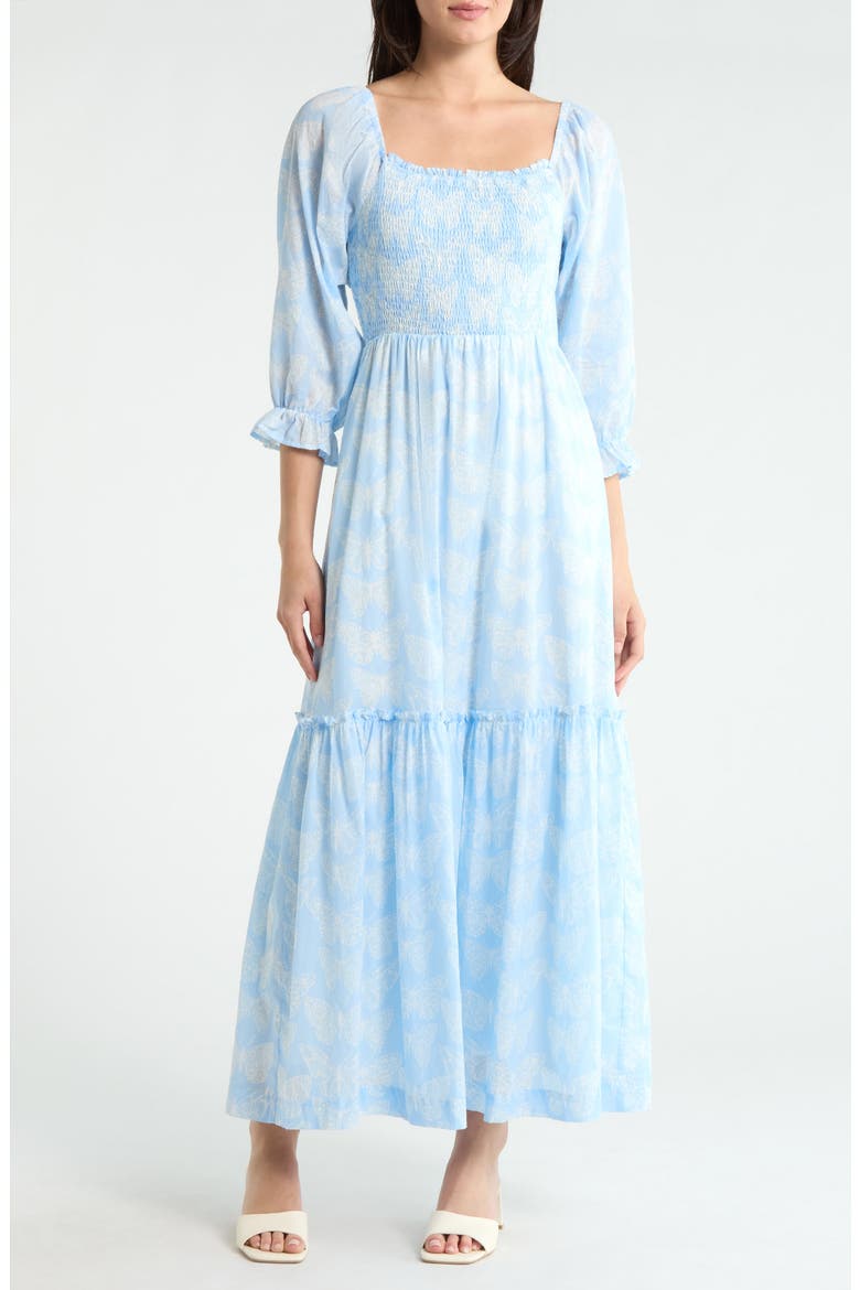 Aubry Smocked Ruffle Hem Maxi Dress, Main, color, BLUE/WHITE