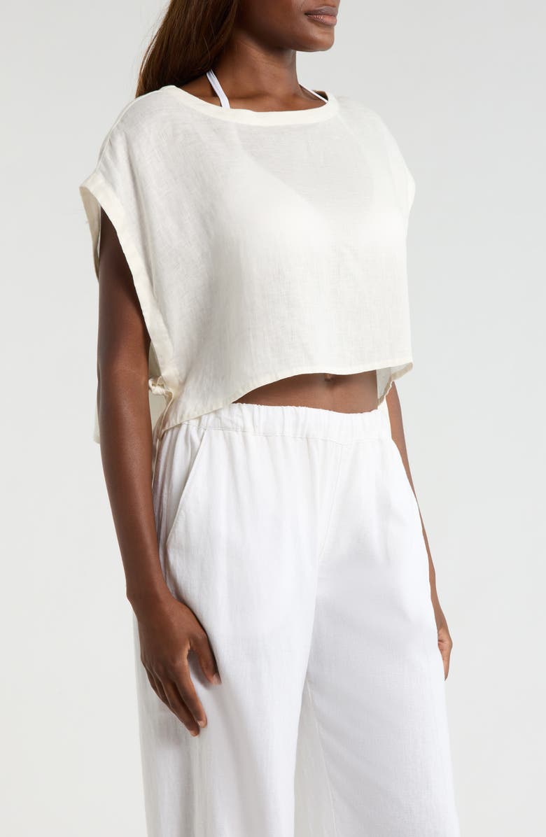 Elan Cropped Linen Cover-Up Top, Alternate, color, White