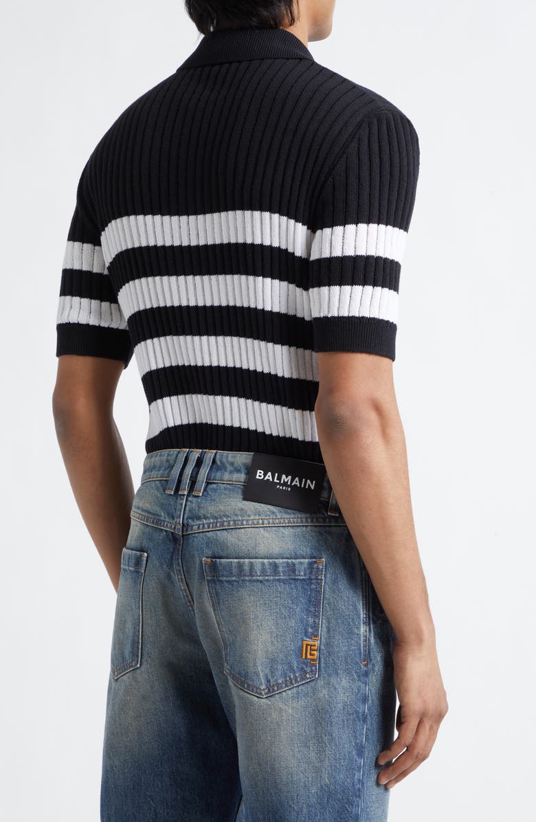 Balmain Mariner Cotton Blend Ribbed Polo Sweater, Alternate, color, Eab Blk/ White